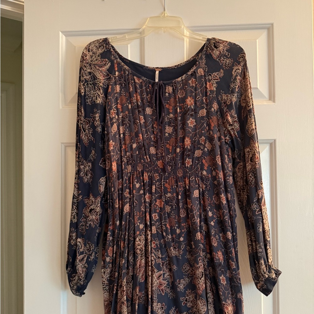 Free People Blue and Black Pleated Buttoned Long Sleeve Dress